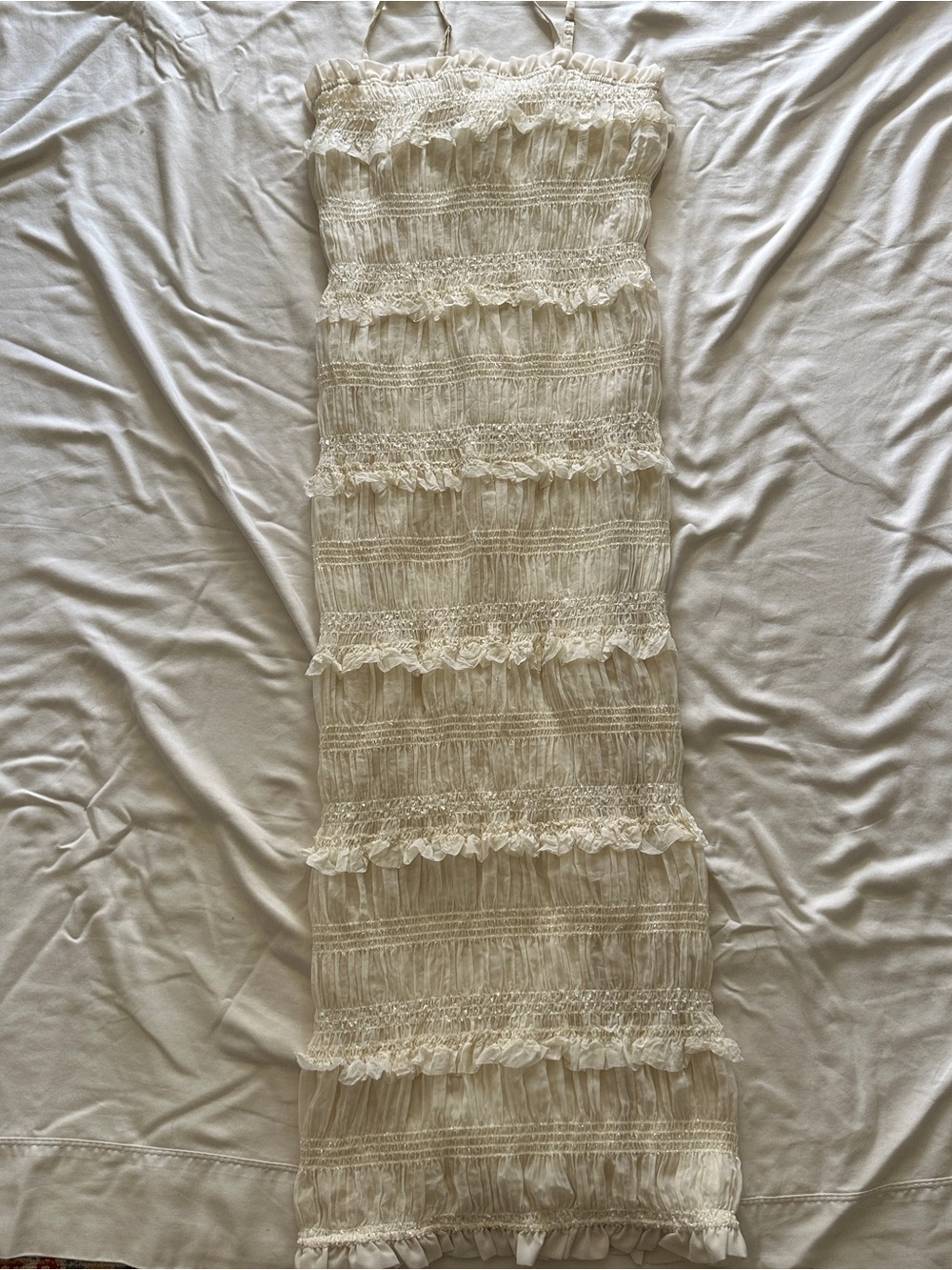Fashion Nova Cream Sheer Ruffle Maxi Dress